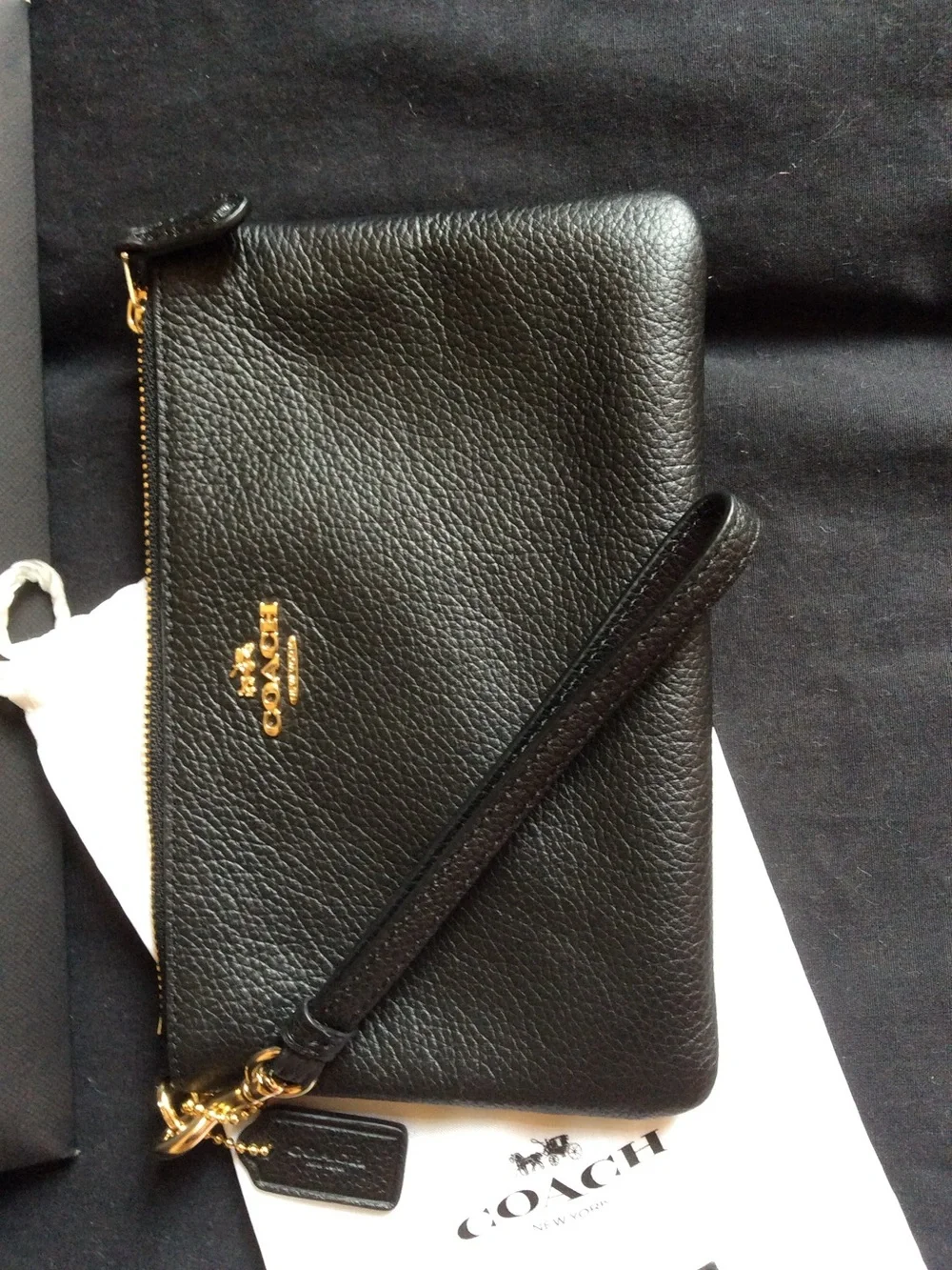 Coach Black Leather Wristlet with Gold Hardware